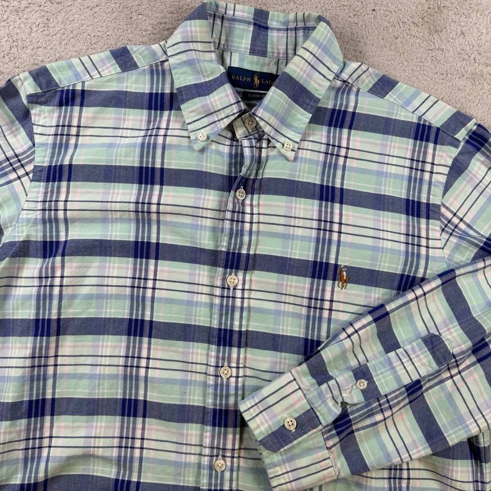 Polo Ralph Lauren Shirt Men Medium Blue Plaid Long Sleeve Button Down Flesh Pony
